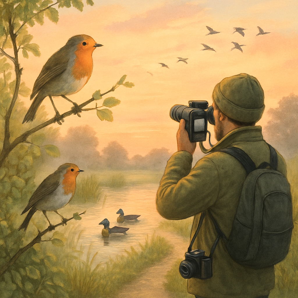 Een kleurrijke tekening van een zonsopgang in een natuurgebied, waar een persoon met een verrekijker en camera vogels observeert. Er zijn diverse vogels te zien zoals een roodborstje, eenden in een vijver en een formatie trekvogels in de lucht. De afbeelding benadrukt ethisch vogels kijken vanuit respect voor de natuur.