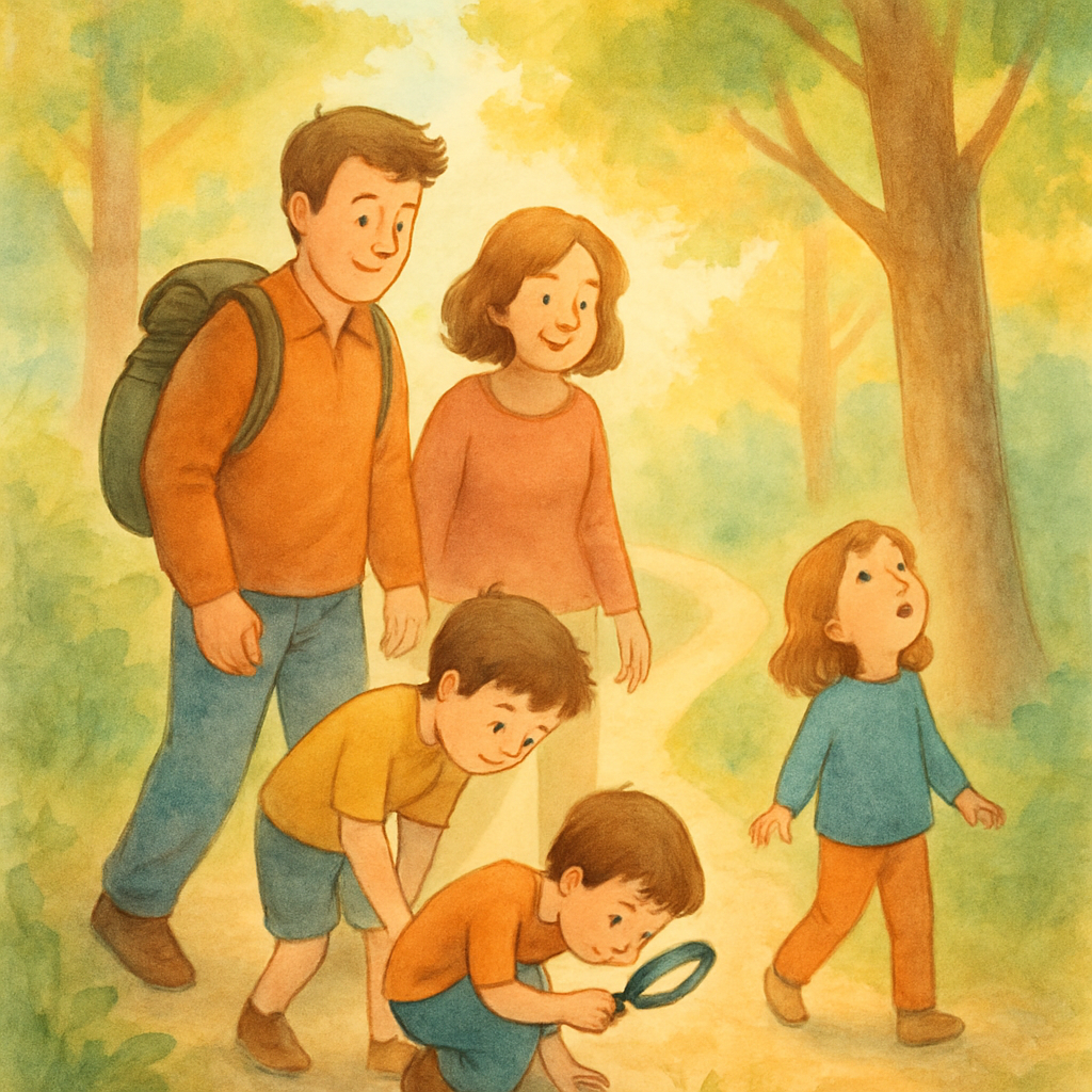 Een illustratie van een gezin van vier, met twee kinderen en twee volwassenen, die met plezier over een bospad wandelen. Een kind buigt zich voorover met een vergrootglas, terwijl het andere omhoog kijkt. De zon schijnt door de bomen.