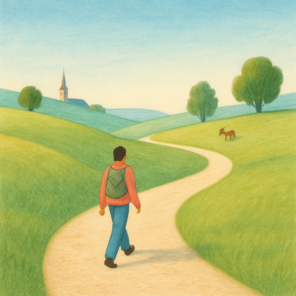 Een kleurrijke illustratie van een persoon die wandelt op een onverhard pad dat door glooiende groene heuvels loopt, met bomen en een kerktoren in de verte en een serene, open lucht.