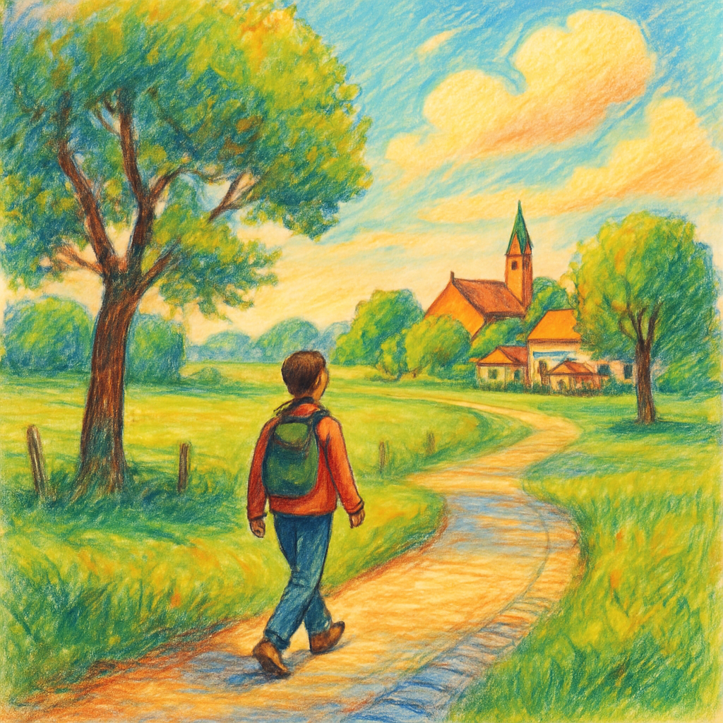 Een vrolijk getekende afbeelding van een persoon die ontspannen wandelt over een kronkelend pad door groene velden, met op de achtergrond een idyllisch dorpje met een café en blauwe lucht.