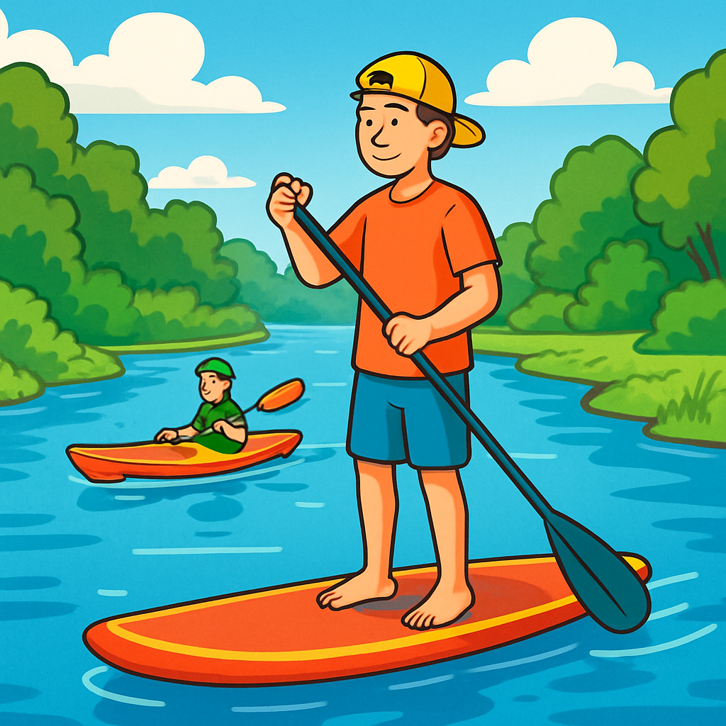 Illustratie van een persoon die stand-up paddleboardt op een rustig water met een kajakker op de achtergrond, omringd door groene natuur.
