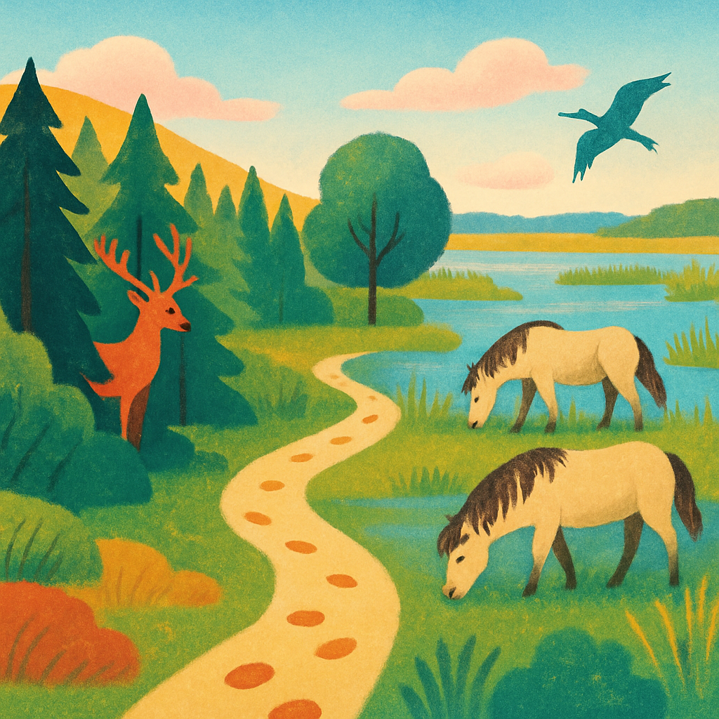 Een kleurrijke illustratie van Nederlandse natuurgebieden: een bos met een edelhert, en water met wilde paarden, met subtiele klim-elementen die de weg wijzen.
