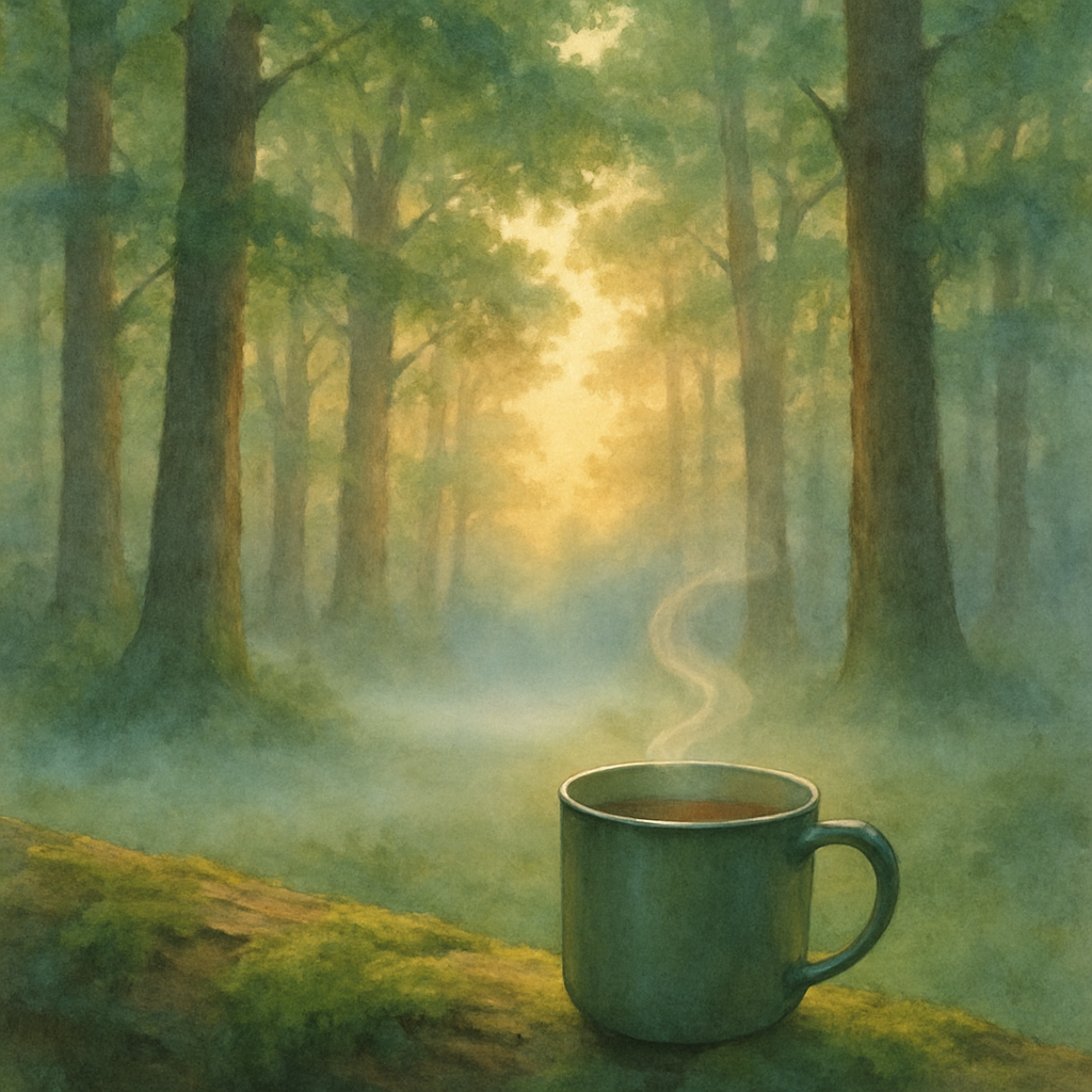 Een kleurrijke, serene tekening van een dampende kop kruidenthee op een met mos begroeide boomstam in een vredig bos bij zonsopgang. Zacht ochtendlicht filtert door de bomen, en er is een lichte mist in de lucht, wat een gevoel van rust en frisse natuur oproept.