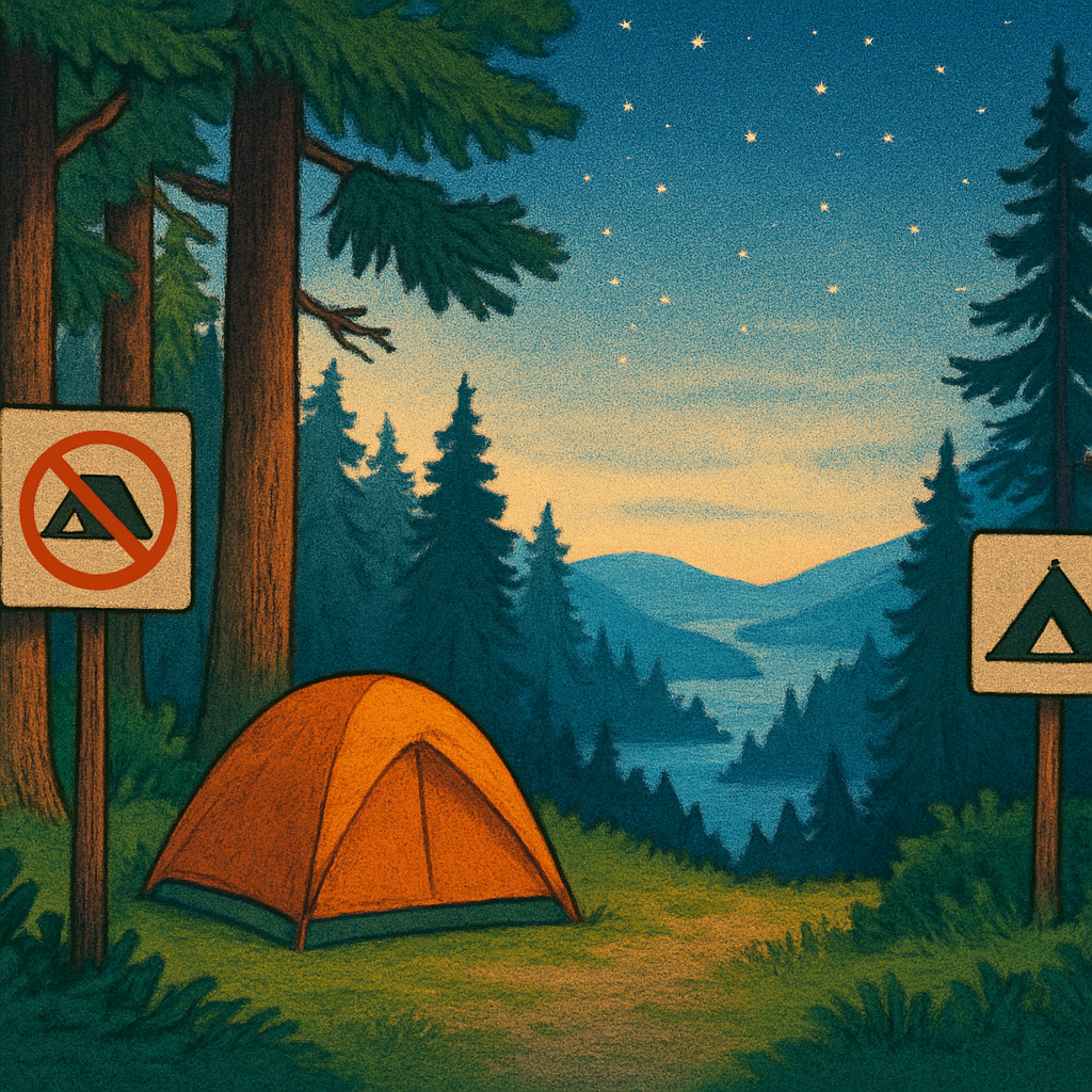 Een kleurrijke tekening toont een wildkampeerplek in een bos. De linkerzijde toont subtiele waarschuwingen en regels voor kamperen, met bijvoorbeeld een verbodsteken. De rechterzijde toont een open landschap met een fjord en sterrenhemel, waar kamperen vrijer is toegestaan, gesymboliseerd door een klein tentpictogram.