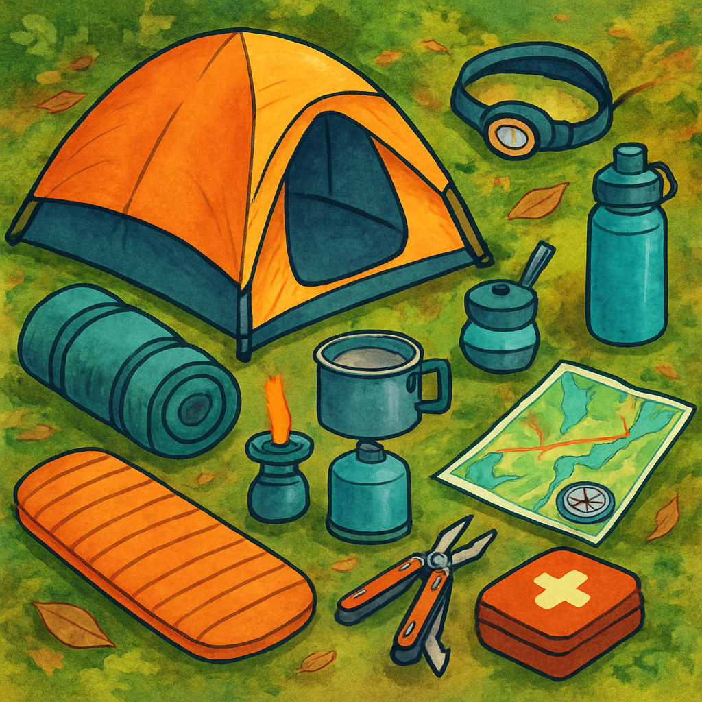 Een kleurrijke tekening van essentiële wildkampeeruitrusting, waaronder een groene koepeltent, een rode slaapzak, een oranje slaapmat, een kooktoestel, een waterfilter, een kaart, kompas, hoofdlamp, multitool en EHBO-kit, uitgestald op een ondergrond van groen mos.