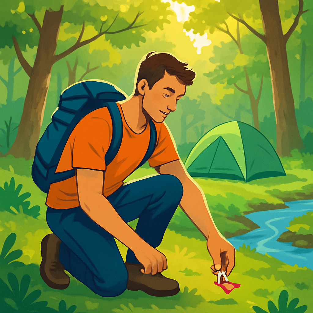 Een illustratie van een mannelijke wildkampeerder die een klein stukje afval opraapt in een weelderig groen bos, naast een tent die veilig is opgezet. De zon schijnt door de bladeren.