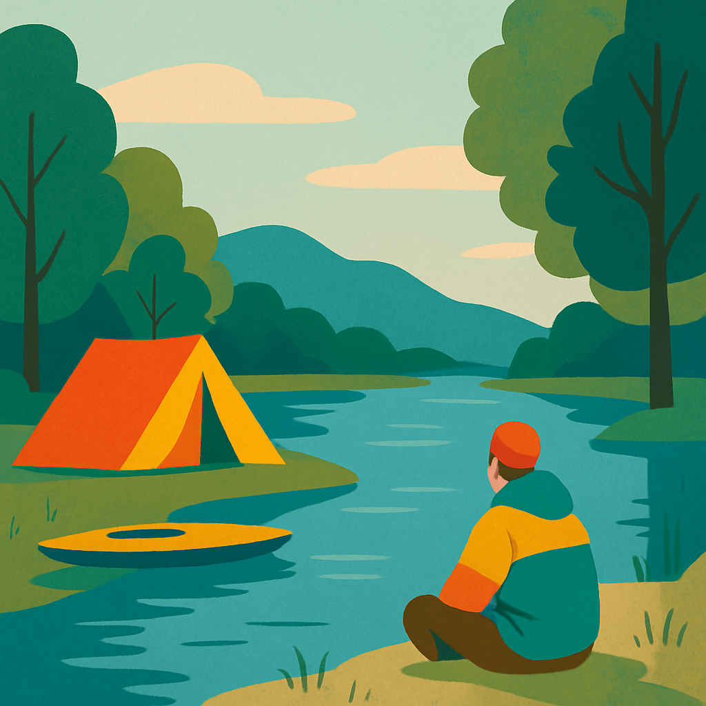 Een illustratie van een persoon die bij een tent aan de oever van een rustig meer of rivier zit, omringd door groene bomen en bergen. Een paddleboard of kajak ligt naast het water.