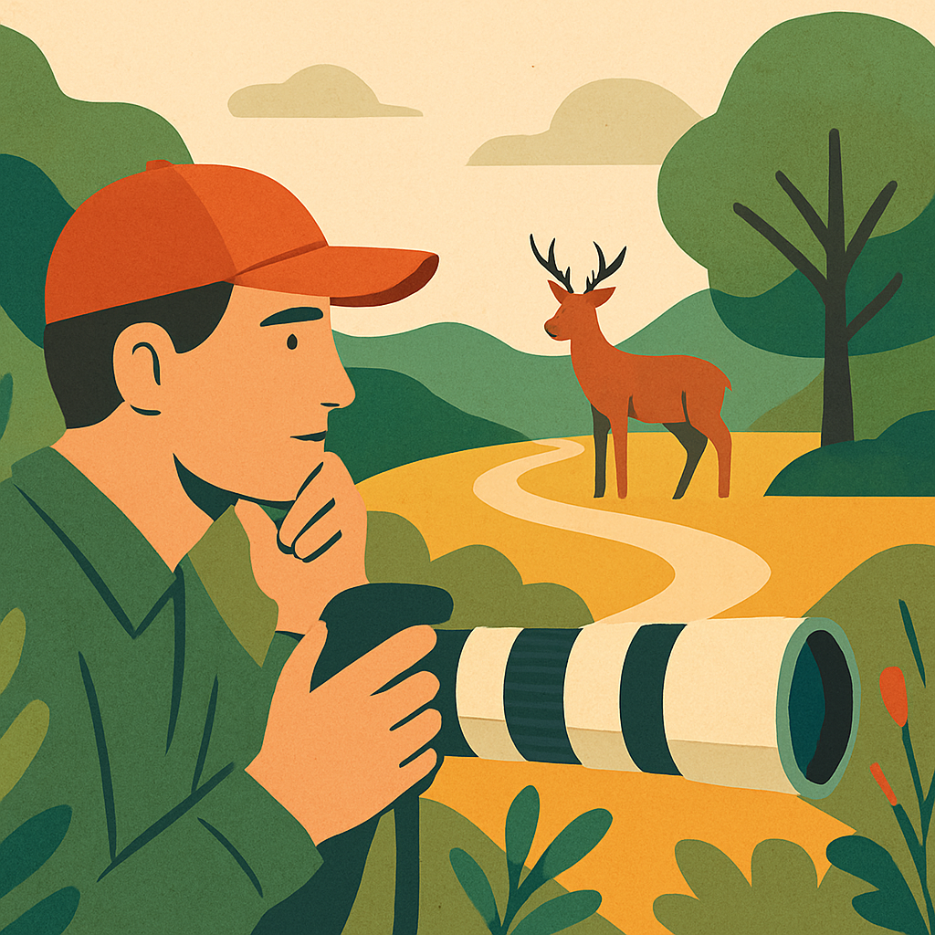 Een illustratie van een fotograaf met een telelens, verborgen achter wat struiken, die met respect een hert observeert op een rustige, groene heuvel. Een pad slingert weg in de verte, symboliserend 'buiten de gebaande paden'.