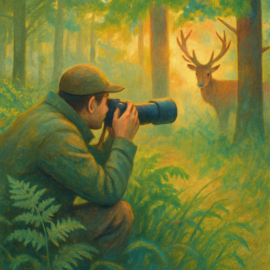 Een rustige scène met een fotograaf verborgen in het bos, discreet een edelhert fotograferend dat uit de dekking komt. De sfeer is sereen en respectvol.