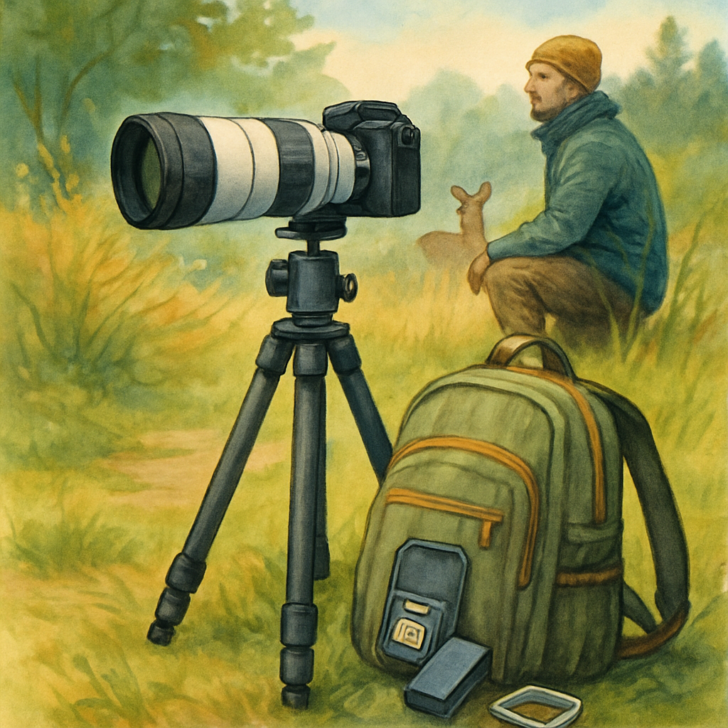 Een geïllustreerde scène met een camera, telelens en licht carbon statief in een natuurlijke omgeving, naast een kleine rugzak met benodigdheden. Een figuur in ademende kleding observeert op de achtergrond. De afbeelding benadrukt de 'minder is meer'-filosofie.