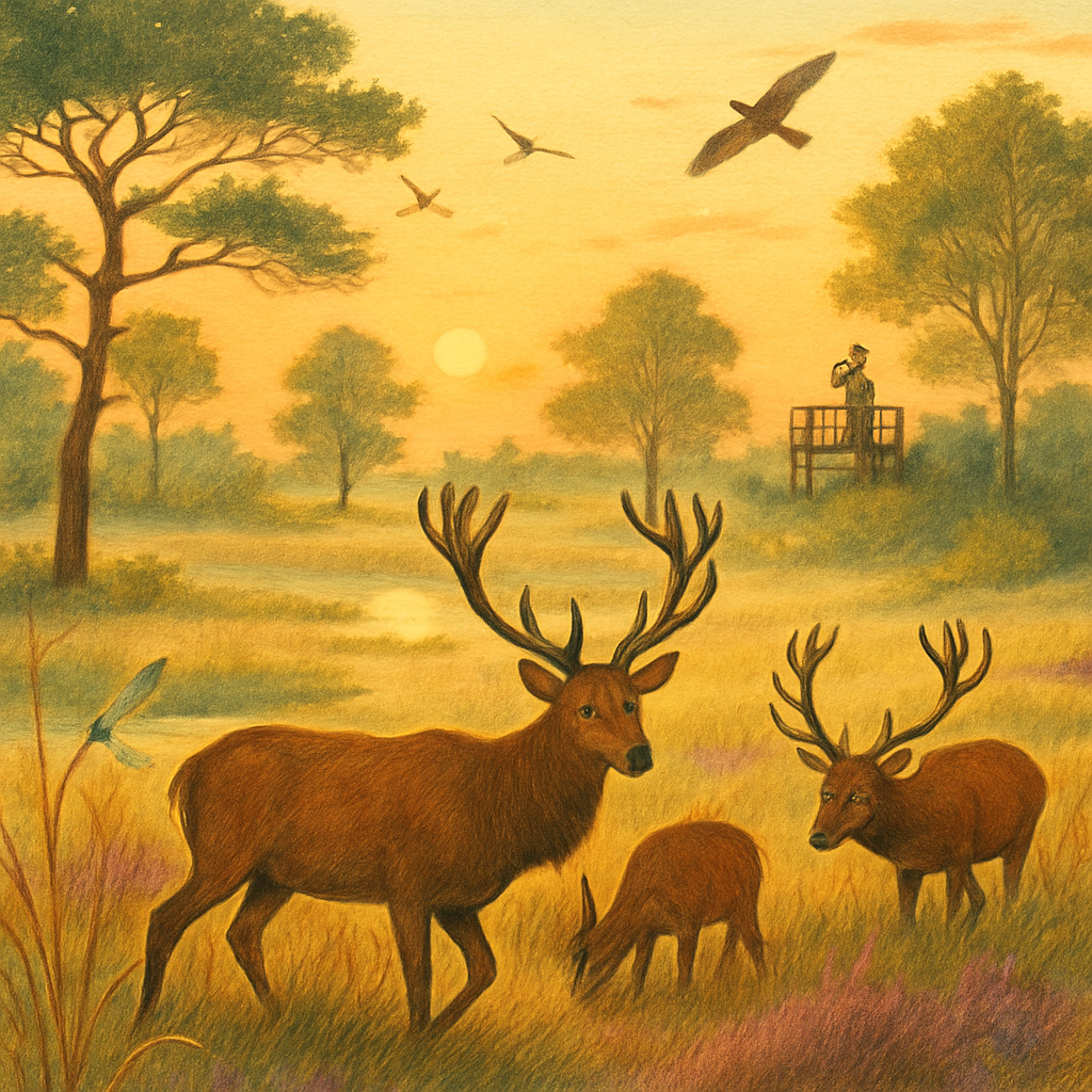 Een illustratie in een kleurrijke tekenstijl van een groot edelhert met een imposant gewei dat rustig graast in een bosrijke omgeving. Een menselijke figuur is subtiel zichtbaar op de achtergrond, observerend met een verrekijker vanaf een afstand, wat respectvol natuurbeheer symboliseert.