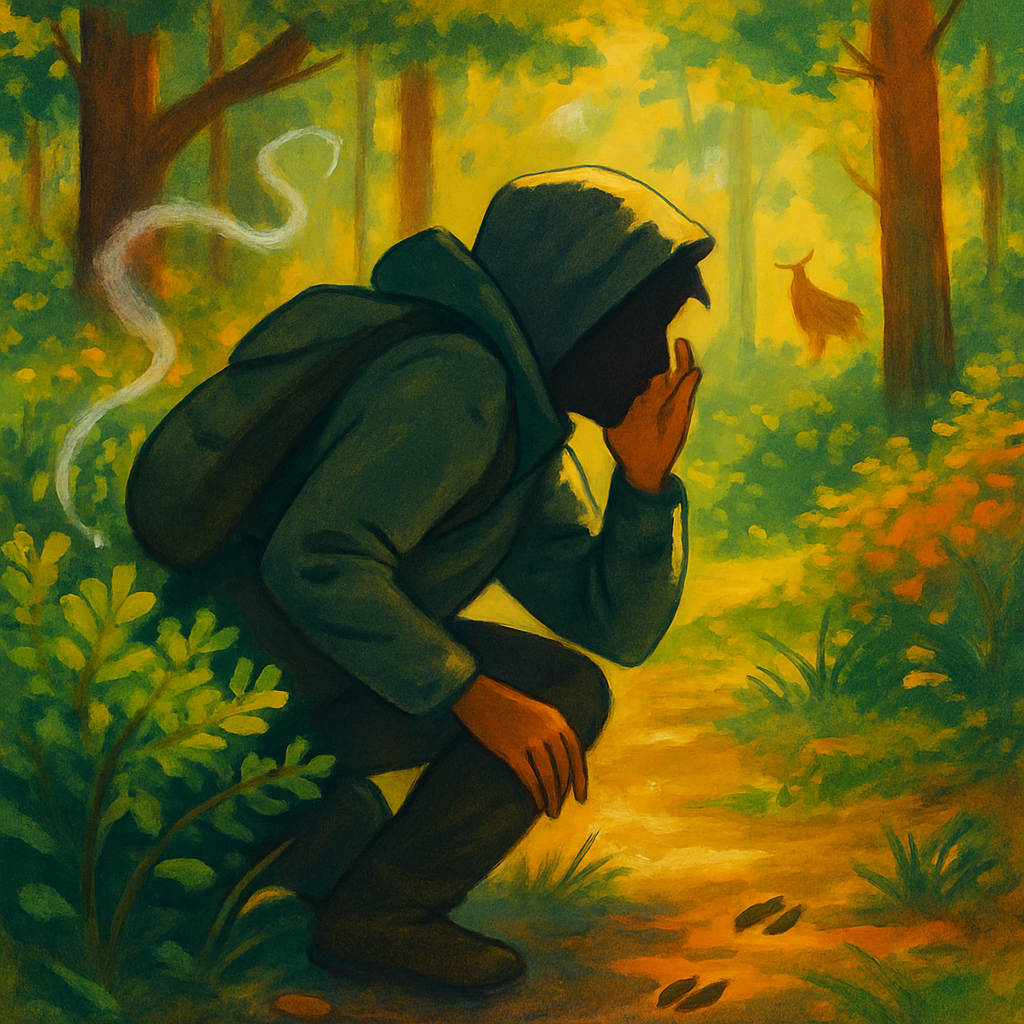 Een illustratie van een persoon die gehurkt en stil door een bos beweegt, scherp luisterend en kijkend. Subtiele sporen en geluiden van dieren zijn gevisualiseerd, wat de focus op zintuiglijke waarneming benadrukt.
