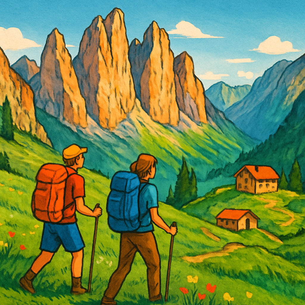 Een kleurrijke tekening van de Alta Via 1 in de Dolomieten, met op de voorgrond groene alpenweiden, in het midden ruige bergtoppen met een berghut, en op de achtergrond het helderblauwe Lago di Braies.