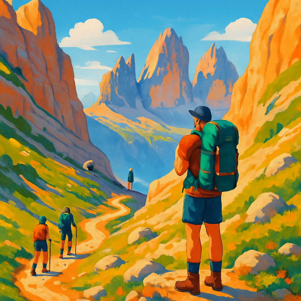 Een kleurrijke illustratie van een wandelaar die uitkijkt over een weids landschap van de Dolomieten, staand op een bergpad dat naar een pas leidt.