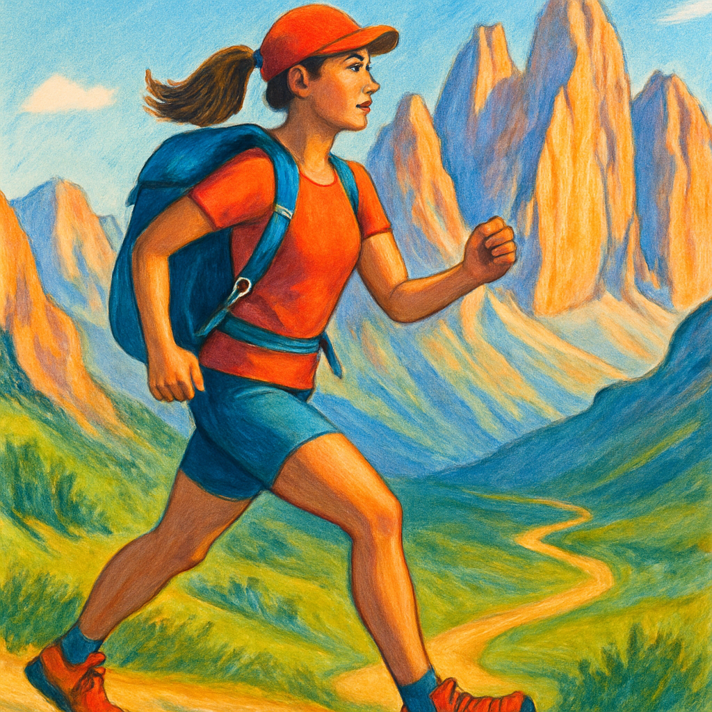 Een kleurrijke illustratie van een energieke vrouwelijke hiker met een rugzak, die met vastberaden blik over een bergpad in de Dolomieten wandelt. De bergen zijn scherp en indrukwekkend, en de lucht is helderblauw.