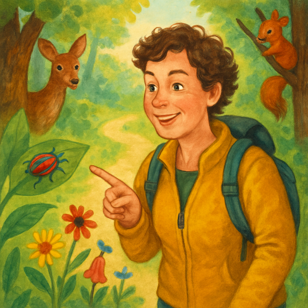 Een vrolijke Sanne de Boer, gekleed voor een wandeling, wijst enthousiast naar een ontdekking in de natuur, omringd door diverse dieren en planten.