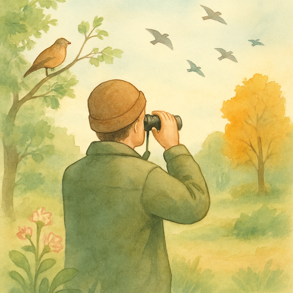 Een serene illustratie van een persoon die met een verrekijker vogels observeert in een vredige, natuurlijke omgeving, met elementen die de seizoenen suggereren.