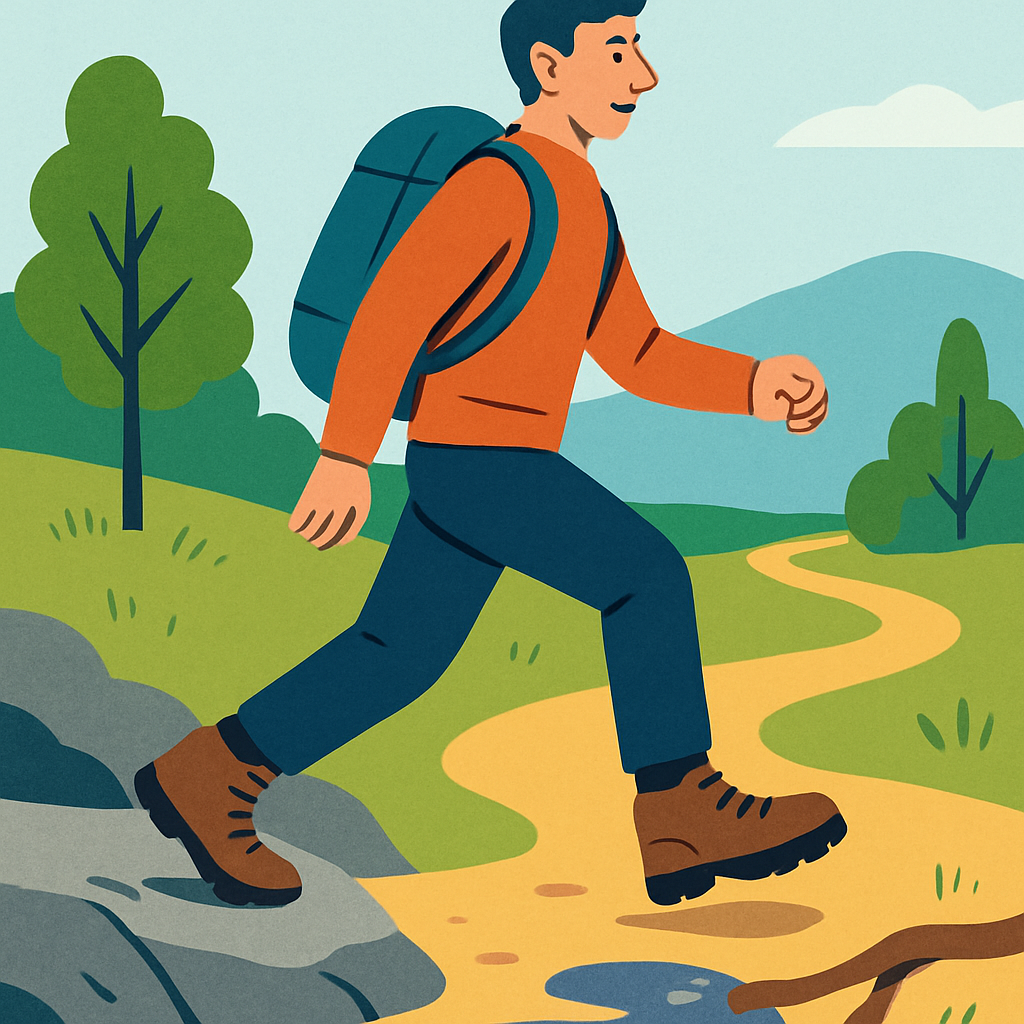 Een levendige tekening van een hiker in beweging. De hiker draagt een rugzak en stevige wandelschoenen die contact maken met diverse ondergronden zoals rotsen en modder. De houding is zelfverzekerd en de blik is gericht op het pad vooruit, om de trail te analyseren. De achtergrond toont gestileerde natuur.