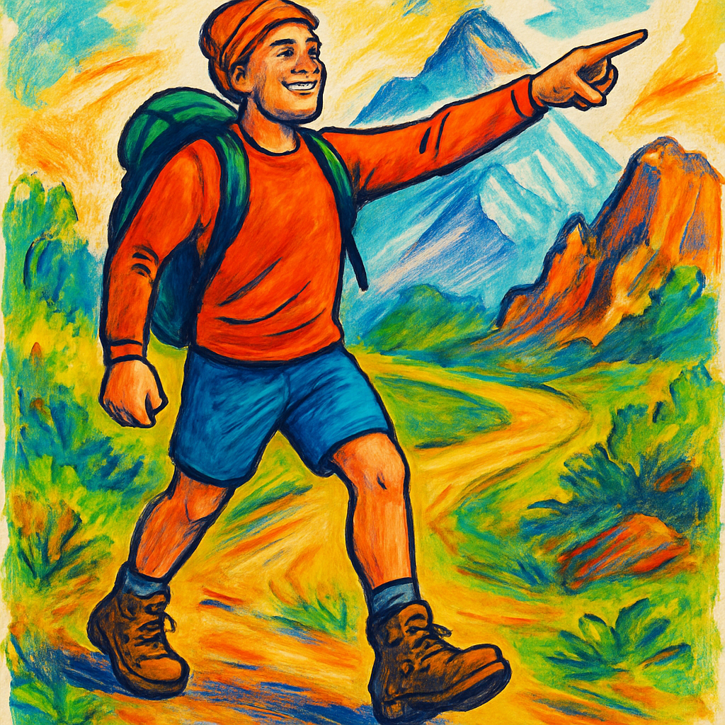 Een levendige tekening van een vrolijke wandelaar op een pad, met op de achtergrond bergen. De wandelaar straalt zelfvertrouwen uit en is klaar voor het avontuur.
