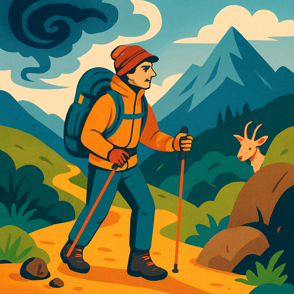 Een kleurrijke tekening van een bergwandelaar op een pad, omringd door subtiele symbolen van zowel gevaren (stormwolk, vallende steen) als duurzaamheid (schone paden, wildlife).