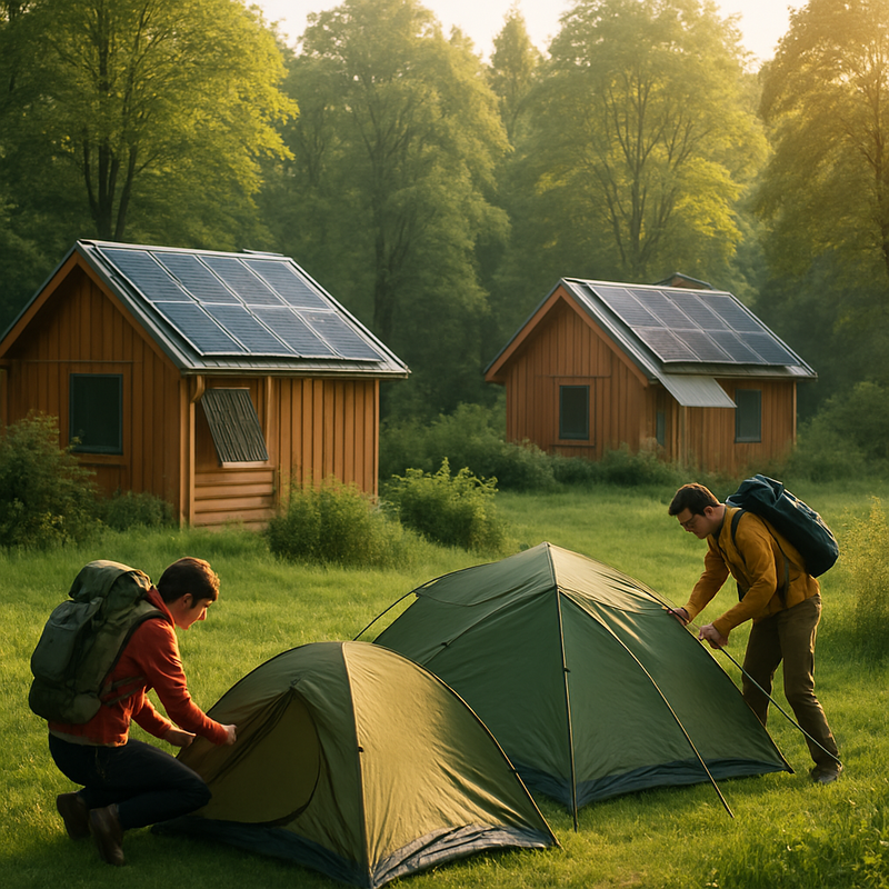 Een kleine duurzame camping in een Nederlands bos met zonnepanelen en kampeerders die verantwoord hun tent opzetten