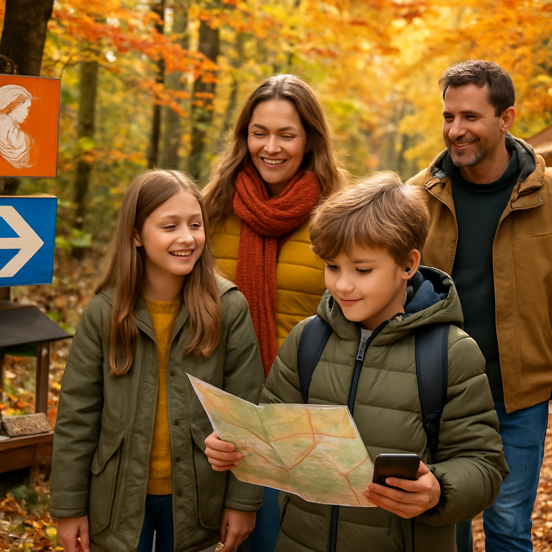 Familie wandelt op een herfstachtig pad in Nederland met culturele bordjes en lokale lekkernijen.