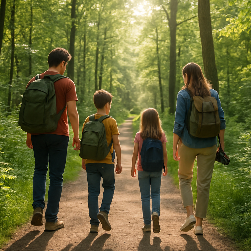 Gezin wandelt in bos met groene bomen en zonlicht, duurzaam recreëren in Nederland