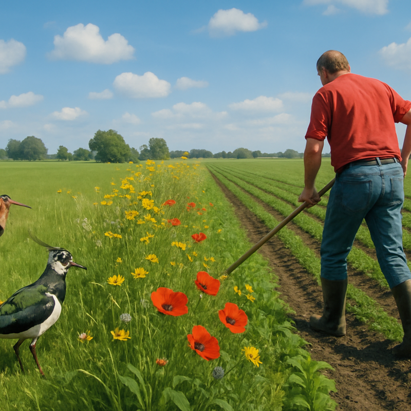 Boer in groen landschap met weidevogels en natuurvriendelijke akkerranden in Nederland