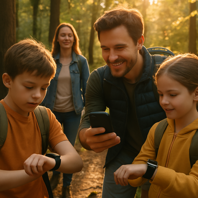 Gezin met slimme horloges en smartphone in het bos tijdens een outdoor activiteit