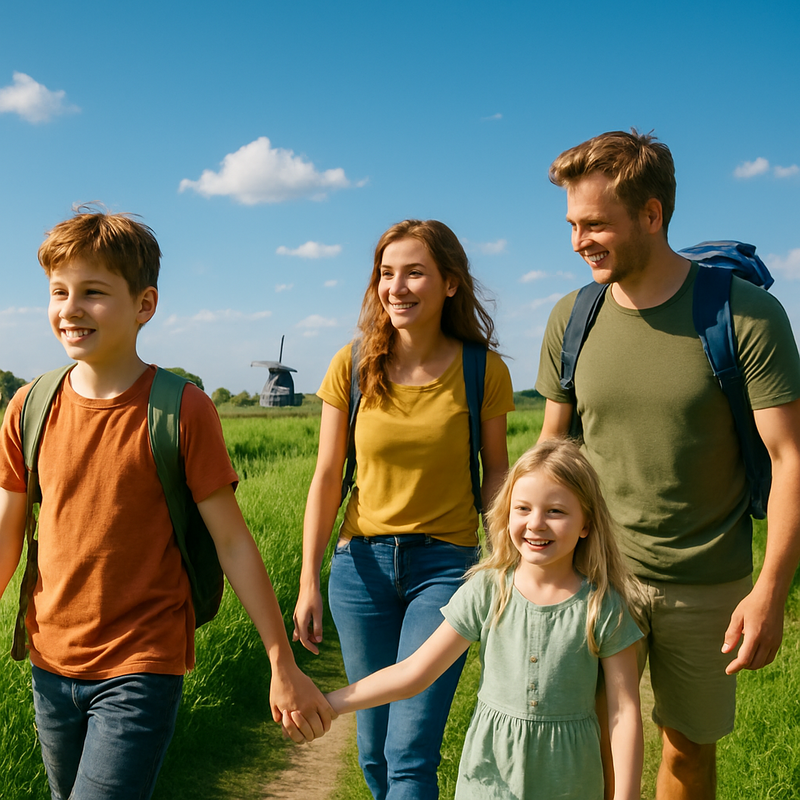 Familie wandelt op groene route door Nederlands landschap met blauwe lucht