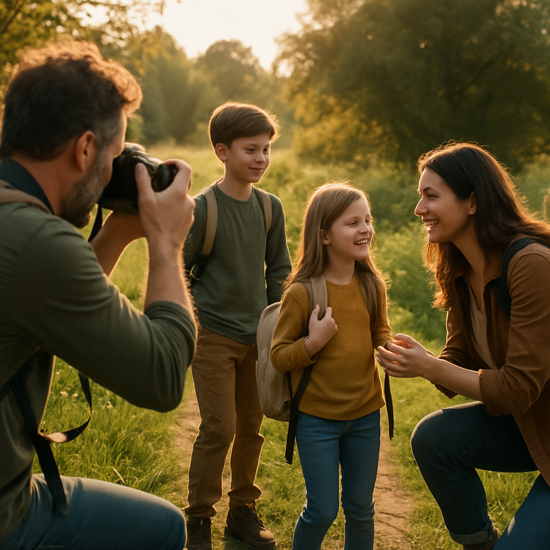 Gezin met camera's fotografeert in natuurgebied tijdens gouden uur