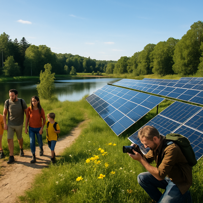 Natuurgebied met bossen, vennen en geïntegreerde zonneparken, met wandelaars en natuurliefhebbers.
