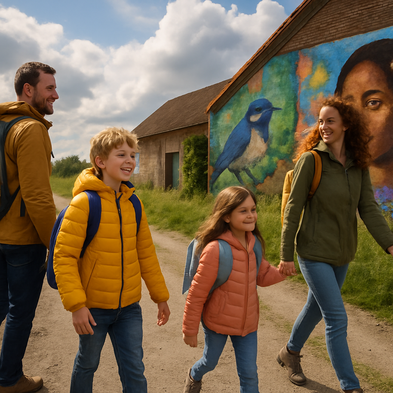 Familie wandelt op een natuur- en cultuurroute met murals bij wisselvallig weer in Nederland