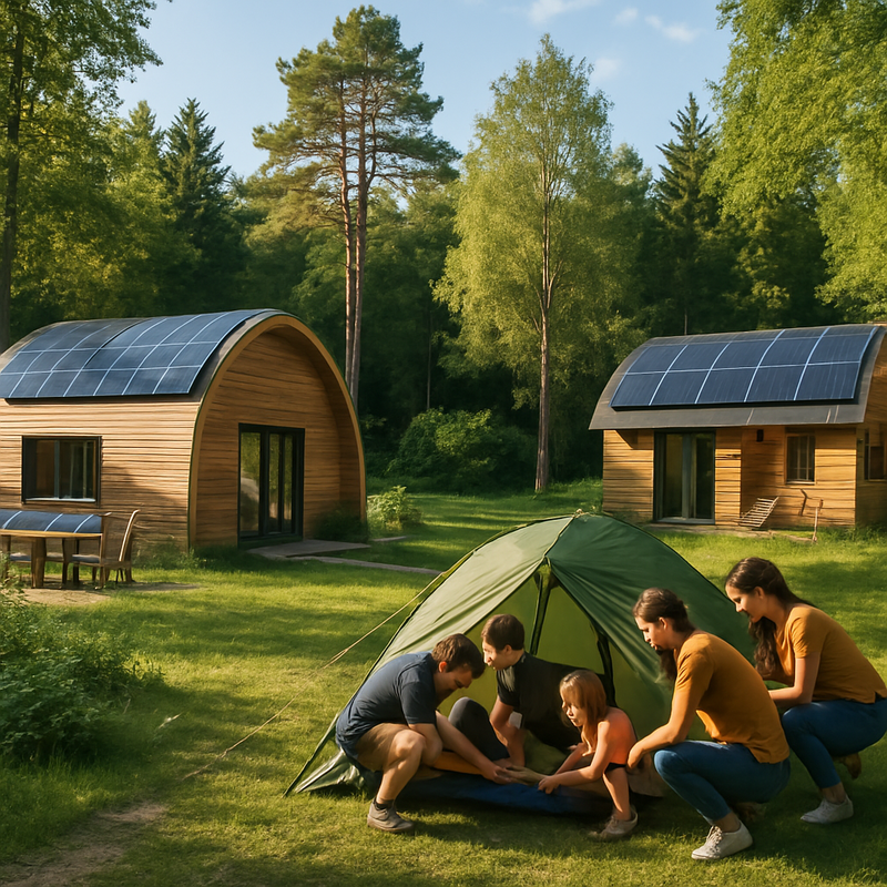 Eco-lodges en kampeerders in een duurzaam Nederlands bosgebied