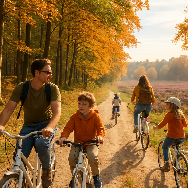 Gezin fietst door Veluwe nationaal park op gratis witte fietsen tijdens zonnige dag