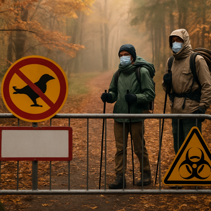 Gesloten wandelpad met bord vogelgriep waarschuwing en wandelaars op afstand