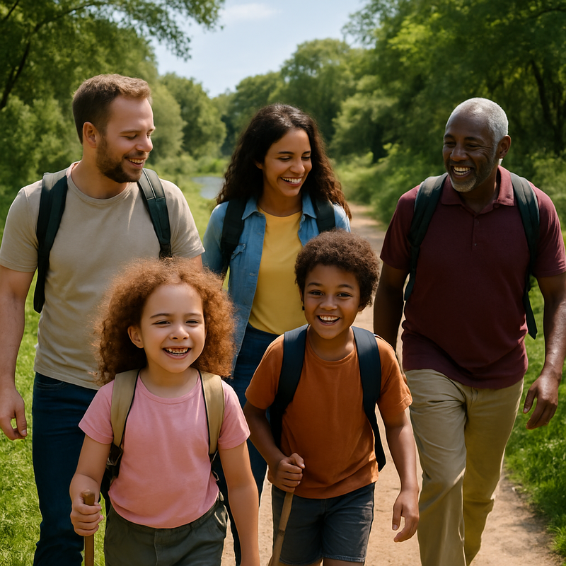 Familie wandelt samen over een natuurpad langs een rivier met groene oevers onder heldere daglichtomstandigheden
