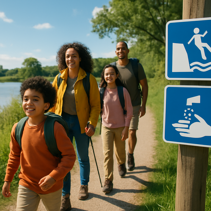 Familie wandelt veilig op toegankelijke natuurroute dichtbij water met veiligheidsborden