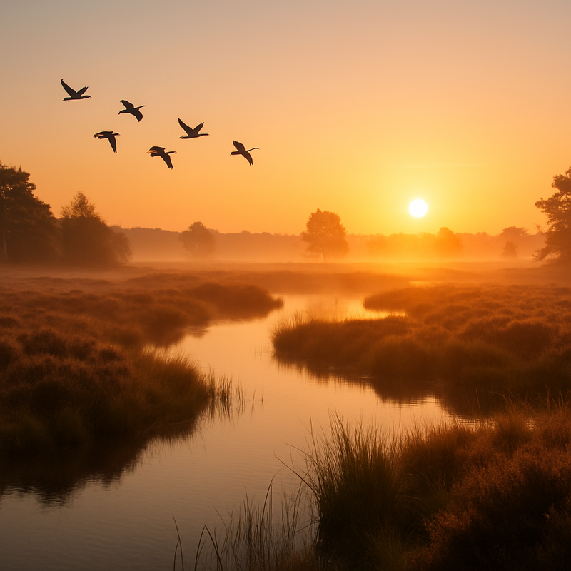 Zonsopgang boven rustig moerasgebied met vogels bij Mokkebank in Nederland