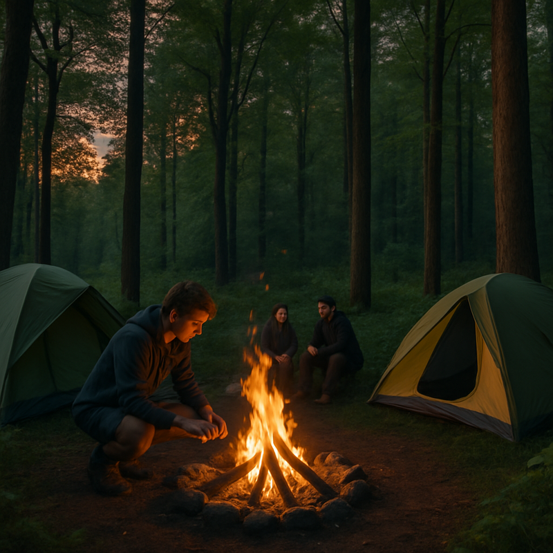 Kleine groep mensen wildkamperend in een rustig bos bij schemering, met tenten en kampvuur.