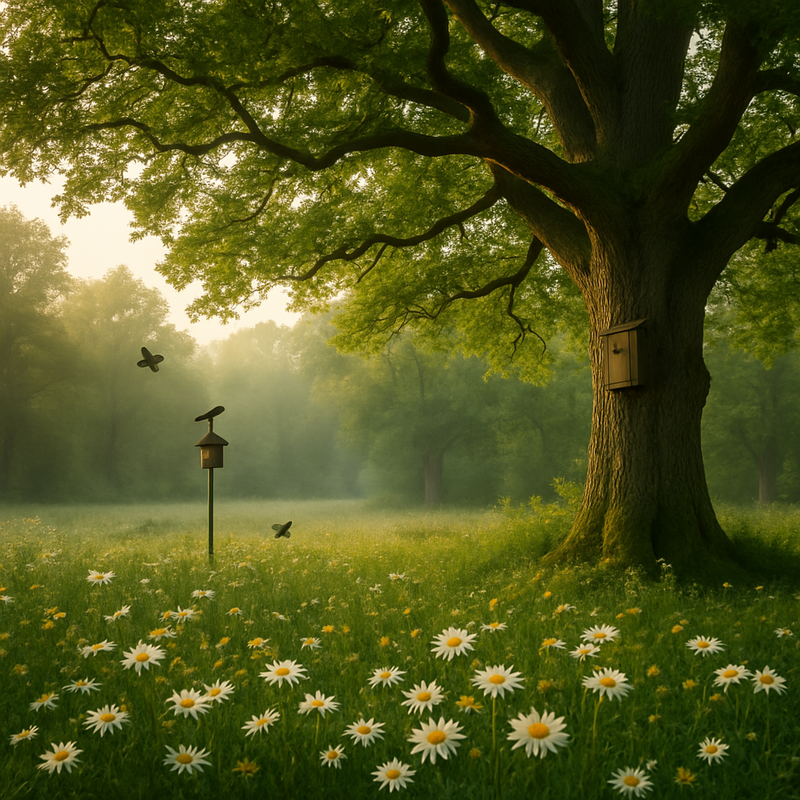 Zomereik in een Nederlands bos met nestkasten en bloemrijke bermen bij ochtendlicht