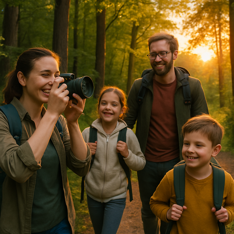 Familie wandelt en maakt natuurfoto's in een groen bos in Nederland bij zonsondergang