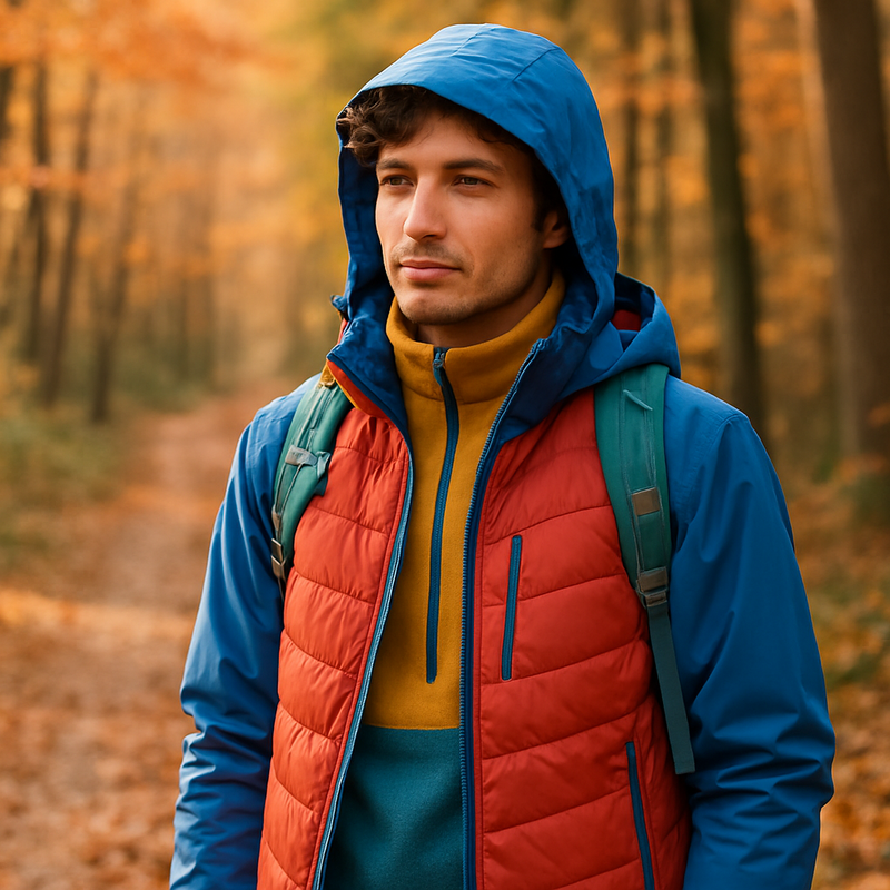 Persoon in duurzame kleurrijke outdoorkleding wandelend in Nederlands herfstbos