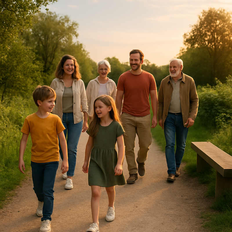 Multi-generational family walking on accessible nature trail with benches in a Dutch outdoor setting