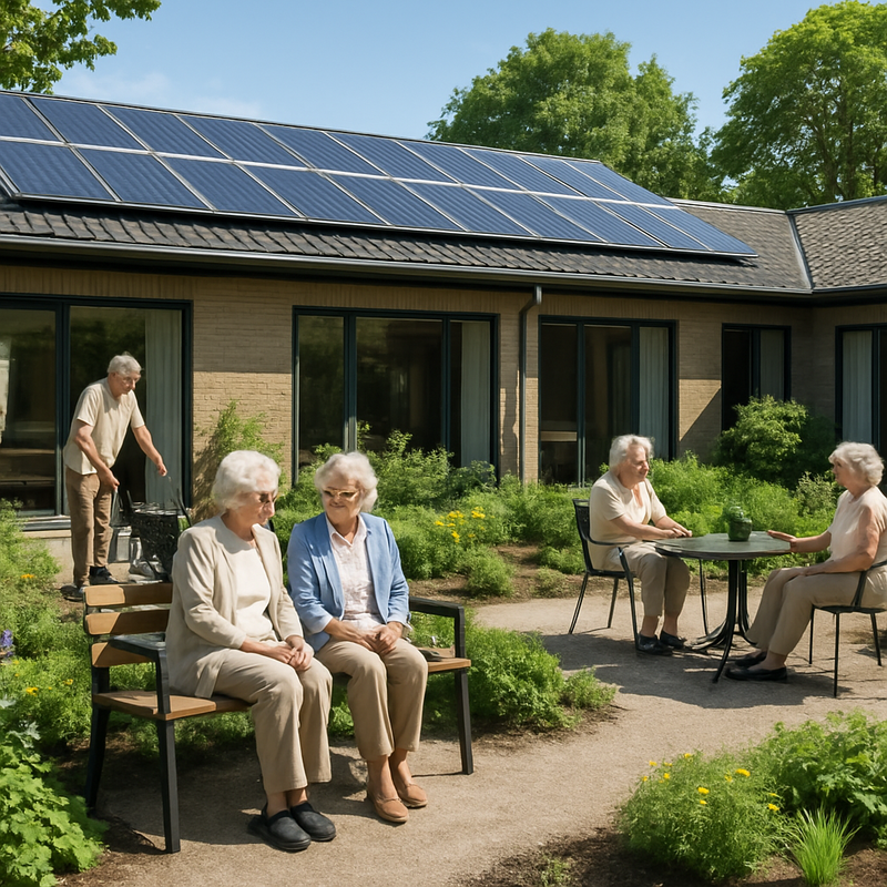 Moderne duurzame ouderenzorg met groene omgeving en zonnepanelen