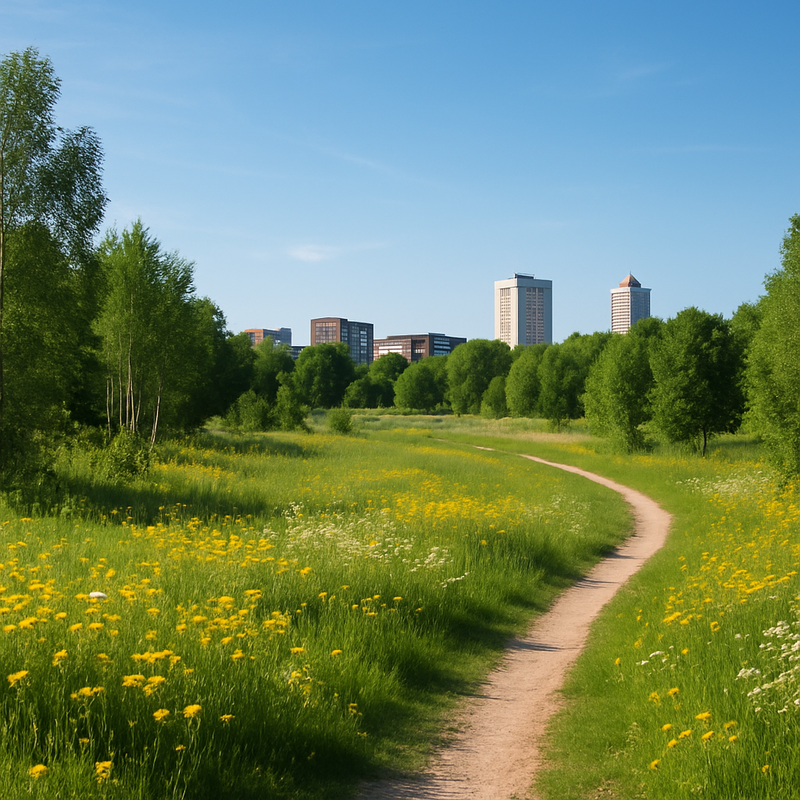 Natuurgebied met wandelpad, bloemrijk grasland en nieuwe bossen nabij stedelijke omgeving