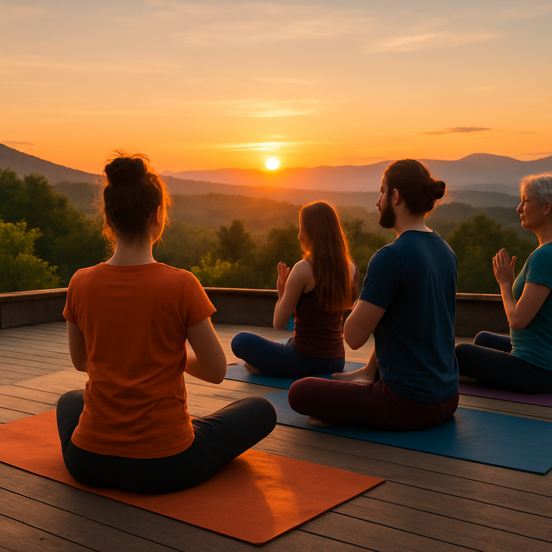 Groep mensen die yoga doet op een dakterras in de natuur bij zonsopgang