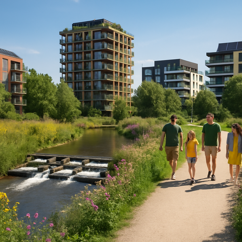 Gezinnen wandelen in een groen park met water en biodiversiteit in een Nederlandse stad