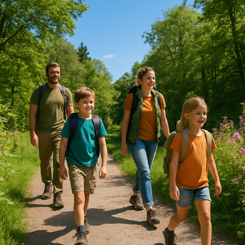 Familie wandelt op een goed onderhouden natuurpad in een groene Nederlandse bosomgeving op een zonnige dag