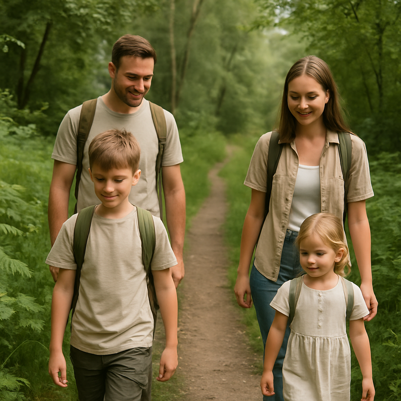 Gezin wandelt minimalistisch uitgerust door een groen natuurgebied in Nederland.